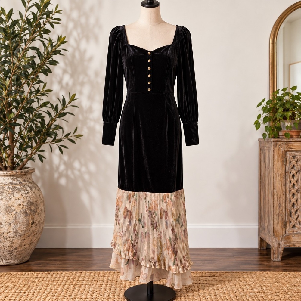 Gothic Romance Velvet Floral Maxi Dress Dark Academia Simple Retro S NWT